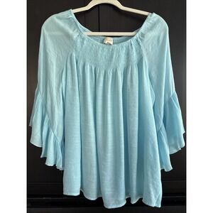 Chico's Size 2 Bell Sleeve‎ Blue Smocked Flowy Off The Shoulder Boho Blouse